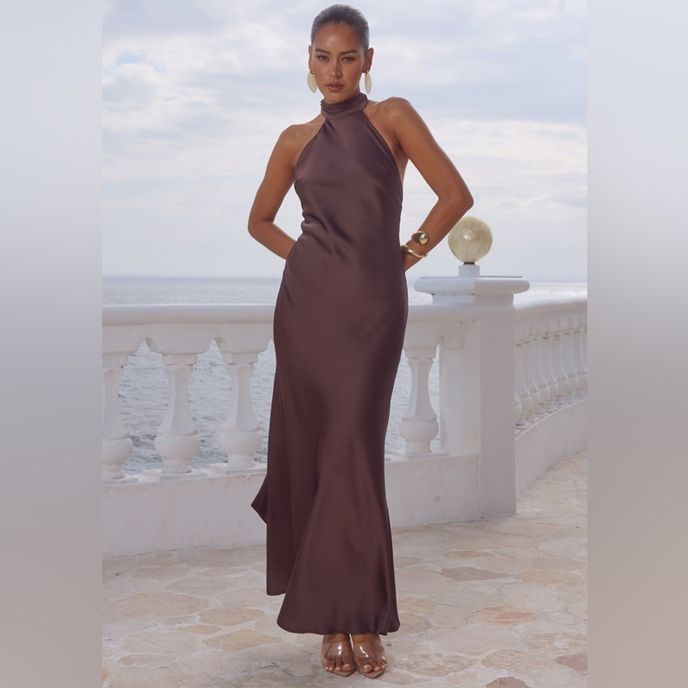 Brown Halter Maxi Dress - Elegant Women's Evening Gown